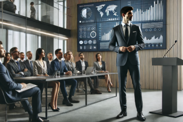 Artificially generated image of an individual presenting in front of a business audience.